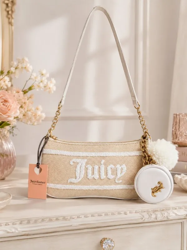 Juicy Couture Beige Chenille Logo Baguette Bag Coin Pouch NWT - Image 3