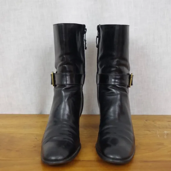 Salvatore Ferragamo Black Leather Buckle Heeled Zip UP Boots Size 8.5 4A - Image 9