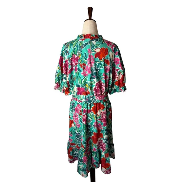 THML Dress Women XL Green Floral Puff Sleeve Ruffle Neck Tiered Mini Bohemian‎ - Image 5