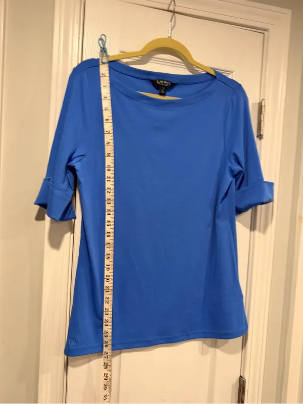 NWOT LRL Ralph Lauren Size L Blue Top Cuffed Short Sleeve Stretch Classic Logo - Image 8