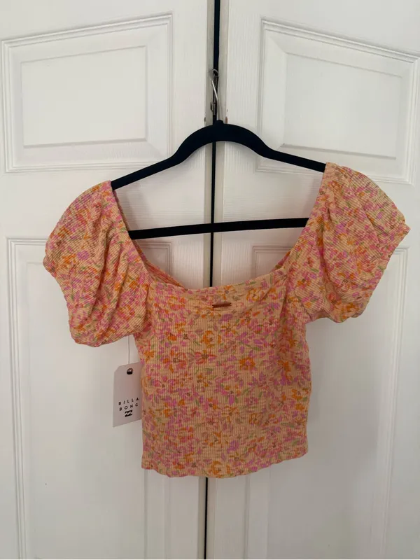 NWT Billabong Pretty Sweet Top Orange Pink Floral Crop Top Puff Sleeve Medium - Image 8