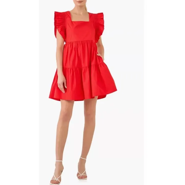 NWT English Factory Women’s Ruffled Dress with Smocked Detailing in Red - Image 7