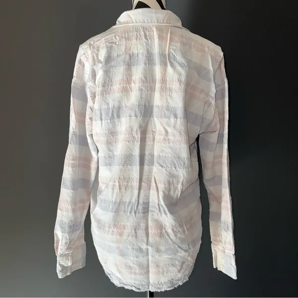 FREE PEOPLE‎ Frayed Plaid Button Up Long Sleeve White Pink Small - Image 3