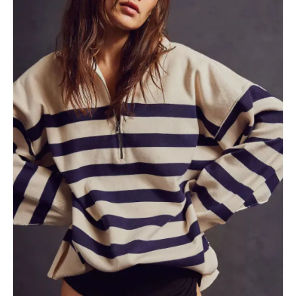 Free People Coastal Stripe Pullover Champagne Navy Combo Large - Image 9
