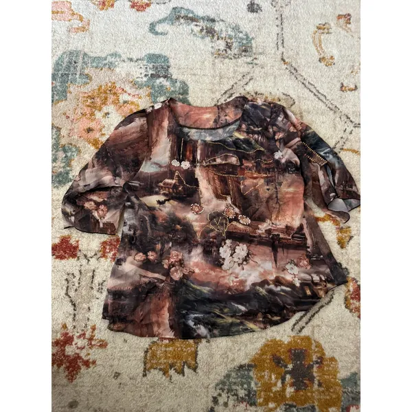 Vintage Sheer Landscape Floral Beaded Blouse Brown Earthy Art Print Top - Image 2