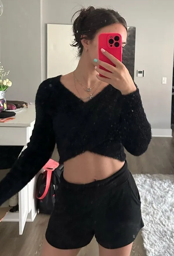 Cropped Black Fuzzy Wrap Style Top Size M - Image 7