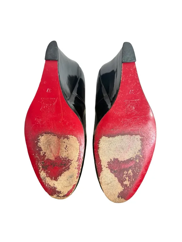 Christian Louboutin Black Patent Leather Round Toe Wedge Pumps Size 6 Women's - Image 9