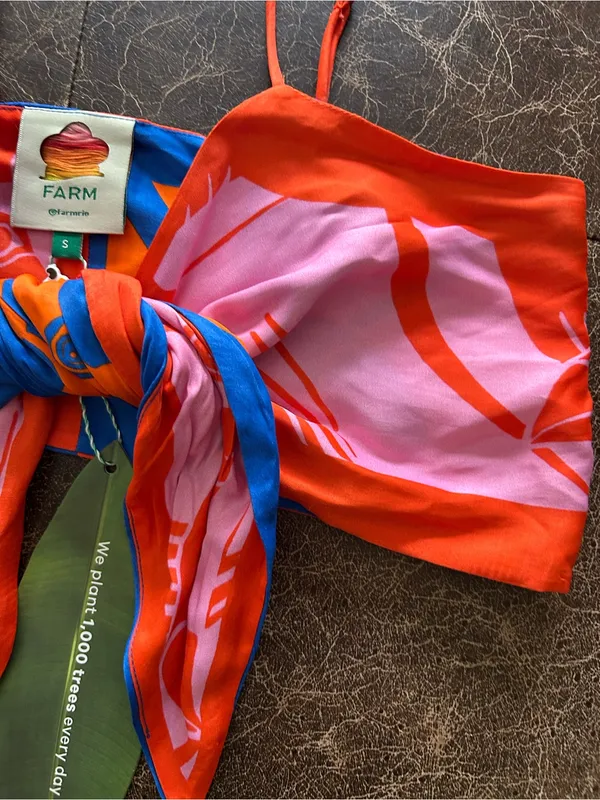Farm Rio Mixed Rainbow Toucans Crop Top Blue Orange Pink Tie-Front Bra Top - Image 4