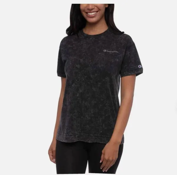 Champion T-Shirt Acid Wash Black Crew Neck Tee Top Womens Logo Medium - Image 4