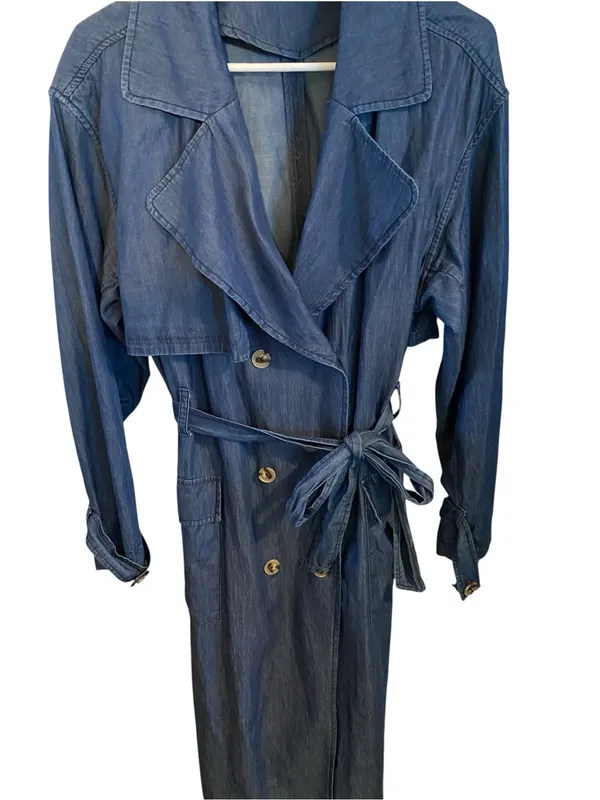 JustFab Double Breasted Longline lightweight Denim Trench Coat Belted minimalist - Image 4