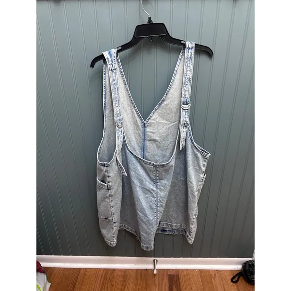 Aerie Womens XL Light Wash Denim Pinafore Dress Acid Wash V-Neck Mini Jumper - Image 3
