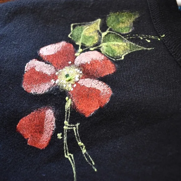 XL- Hand Painted Floral Black Women's Crewneck Australian Vintage Sweater‎ - Image 5