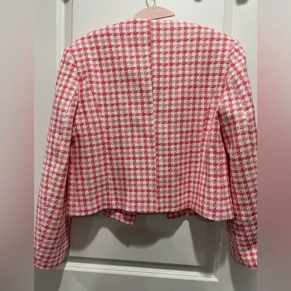 ZARA Houndstooth Tweed Crop Pink White Blazer - Image 4