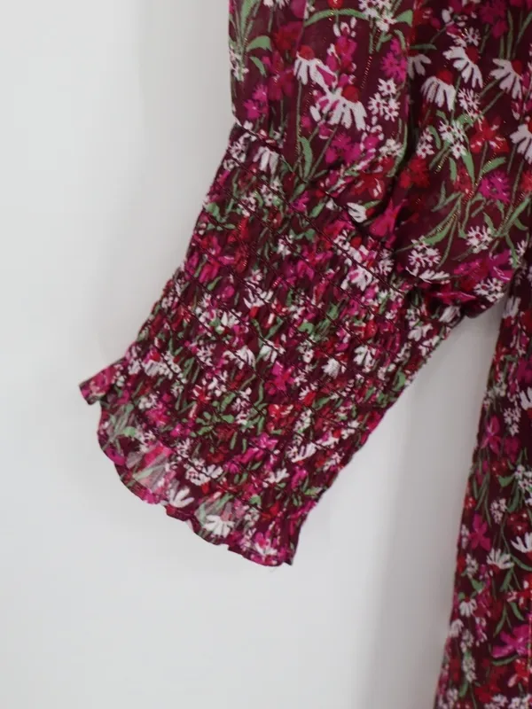 Draper James RSVP Smocked Floral Dress L Burgundy Metallic Long Sleeve Cottageco - Image 9