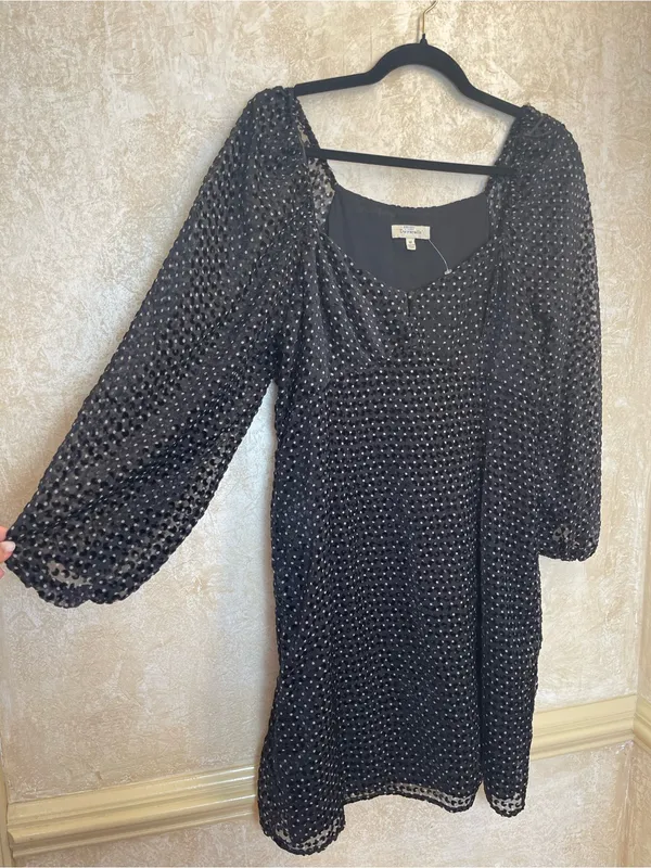 Du Paradis Black Velvet Dot Sheer Sleeve Square Neck Party Dress Size M - Image 2