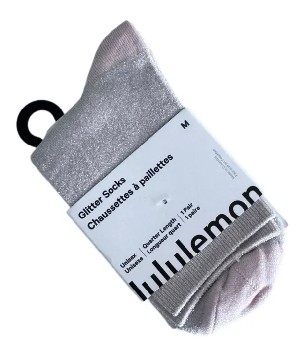 Lululemon Glitter Socks Quarter Length Blissful Pink with Silver Medium - Image 12