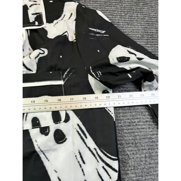 Black Ghost Print Pajama Set Women Large Long Sleeve Button Down Halloween PJs - Image 4