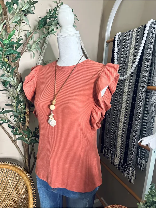 Grace + Karma Rust Burnt Orange Ribbed Flutter Sleeve Top Small Fall Boho - Image 2