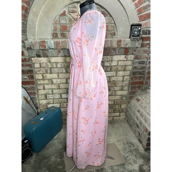 formal dress prom maxi pink floral sheer sleeves pink orange 1970s - Image 5