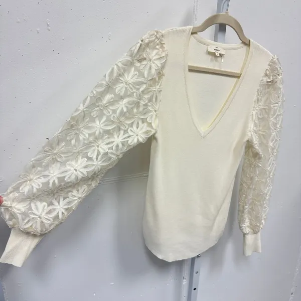 Entro Cream Ribbed V-Neck Sweater‎ Floral Lace Balloon Sleeve Top T19885 Large - Image 4