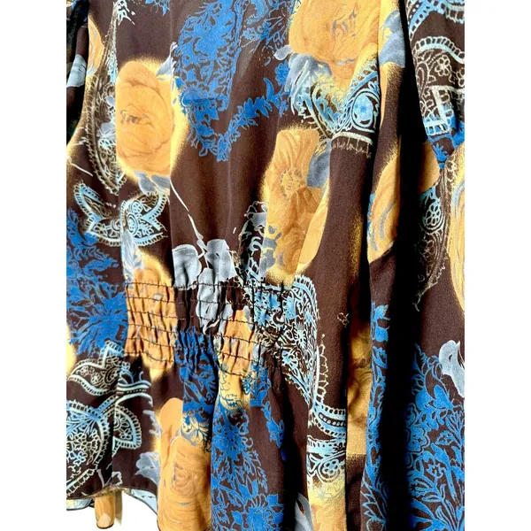 Vintage Y2K Floral Mesh Top Brown Blue Lace Up Bell Sleeve Sheer Blouse Size 7 - Image 5
