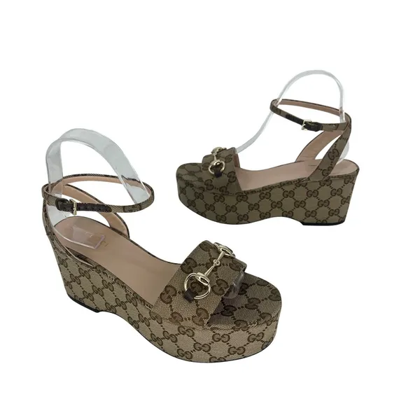 Gucci Lady Horsebit GG Supreme Canvas Platform Sandals Beige 37.5 Box Dust Bags - Image 5
