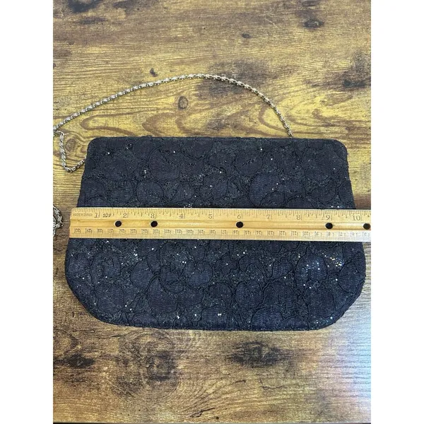 Vintage Black Floral Lace Glitter Evening Bag Gold Tone Chain Strap Formal Purse - Image 8