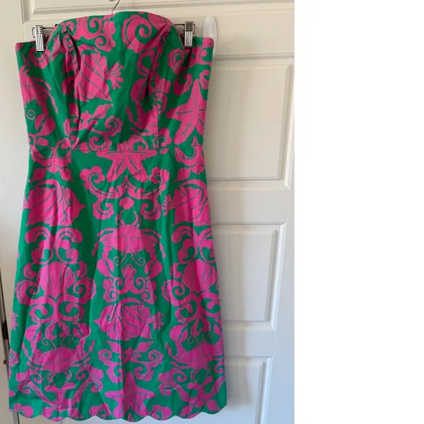 Lilly Pulitzer sz 10 Women Pink Green Crab Scallop Hem Dress Party Preppy Vintage - Image 2
