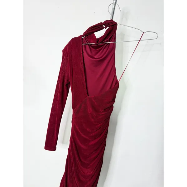 Misha Pauline Dress Wine Red One Shoulder Ruched Maxi Gown Long Sleeve - Image 6