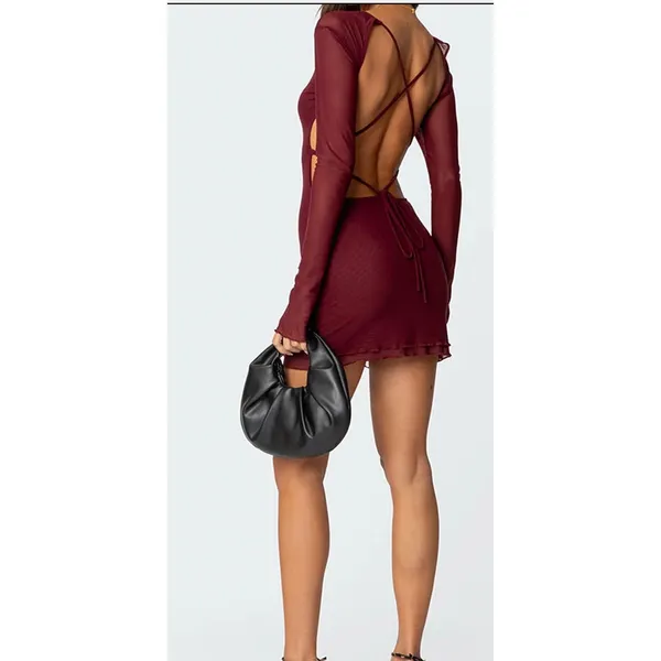 Edikted Lace Up Mesh Mini Dress In Burgandy. Size M NWOT - Image 4