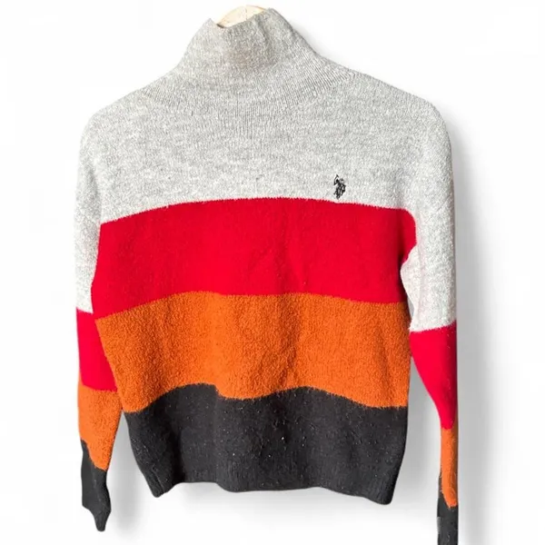 Mock Neck Sweater U.S. Polo Assn Colorblock Après Ski Retro Preppy Size Small - Image 2