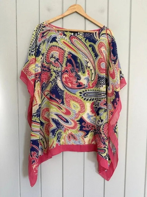 Talbots Pink Paisley 100% Silk Chiffon Beach Summer Coverup Blouse Top - Image 5