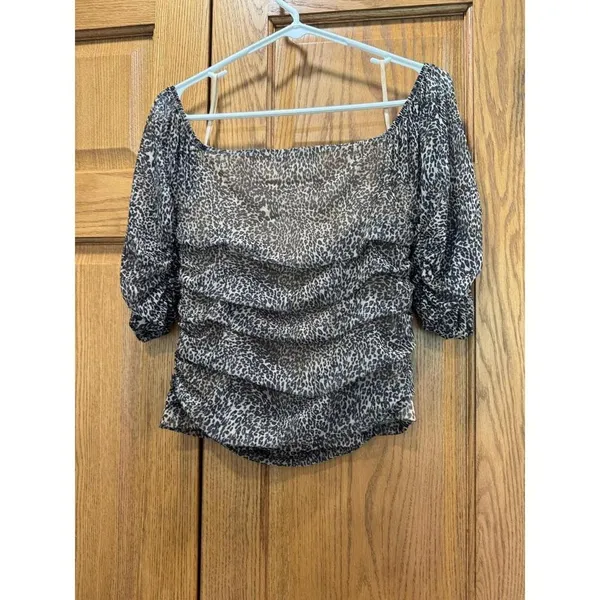 Anthropologie Leopard‎ Mesh Ruched Off Shoulder Top Brown Black Medium - Image 4
