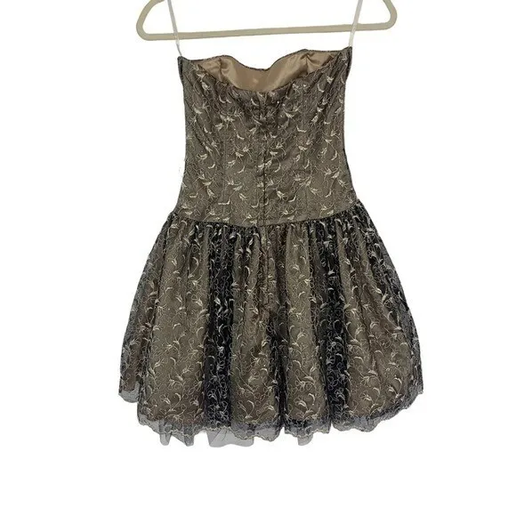Jessica McClintock Gold Strapless Fit Flare Dress Floral Overlay Party‎ 2 Retro - Image 6