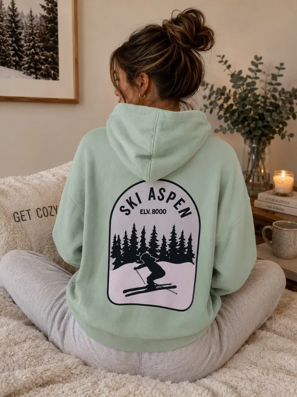 PINK Victoria’s Secret Ski Aspen Hoodie Mint Green Graphic Pullover Fleece M - Image 2