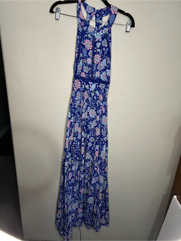 Abel The Label Blue Pink Floral Tie Back Bell Cottage Front Slit Maxi‎ Dress - Image 2