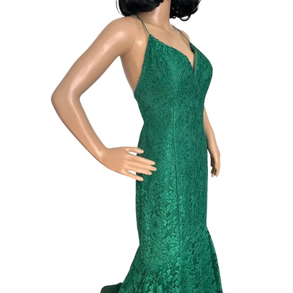 2010s Studio 17 12802 Emerald Beaded Lace Mermaid Prom Gown Open Back Size 8 - Image 12