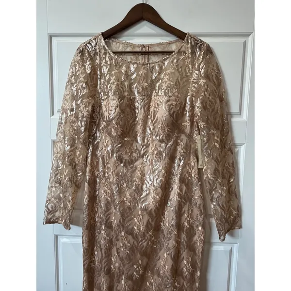 Eliza J Champagne Sequin Lace Long Sleeve Formal Gown Size 14 Evening - Image 4