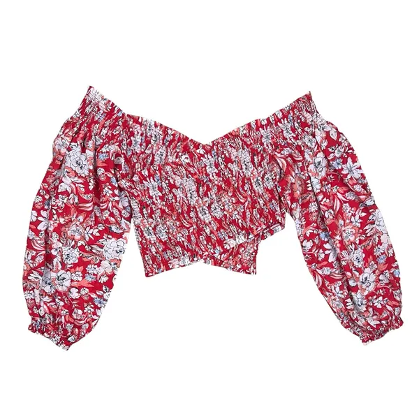 NWT Free People East to West Smocked Top in Red Floral Print Size Medium - Image 4