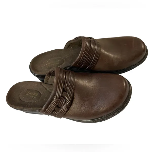 CLARKS Chocolate Dark Brown Leather Clog Mules Slides Shoes - Size 7 - Image 4
