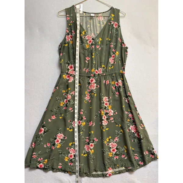 Old Navy Olive Green Floral Sleeveless V-Neck Elastic Waist A-Line Dress Large - Image 7