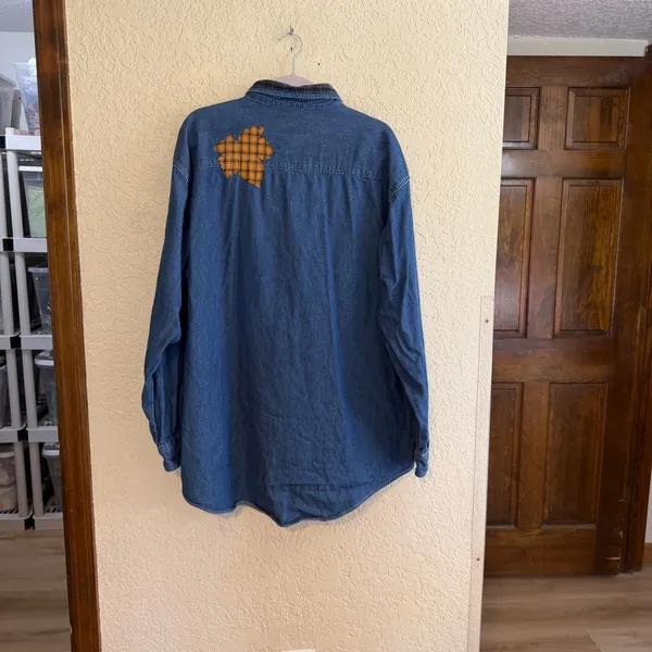 Luna Pier Button Up Denim XL Blue Scarecrow Patchwork Blue Shirt Novelty Fall - Image 11