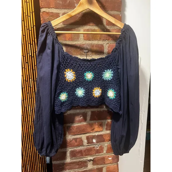 Aerie Navy Crochet Granny Square Puff Sleeve Crop Top XL - Image 4