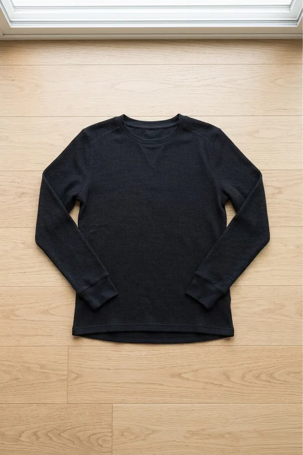 Heavyweight Waffle Knit Thermal Crewneck - Black (80% Cotton / 20% Poly) - Image 4