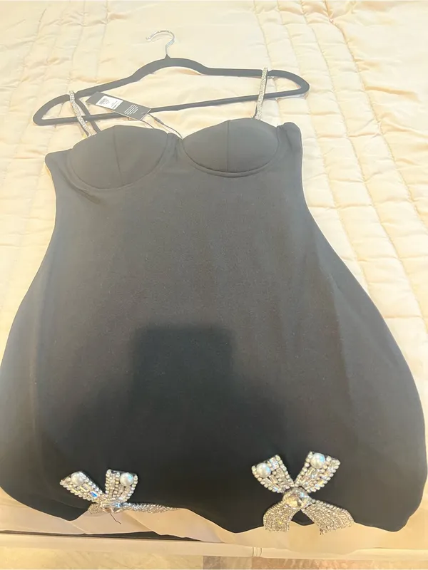 Black Rhinestone Bow Bodycon Mini Dress - Image 4