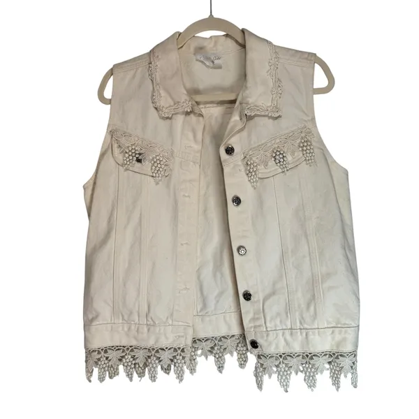 Glitter‎ & Gold Houston Cream Denim Vest Crochet Lace Grape Trim Womens Medium - Image 2