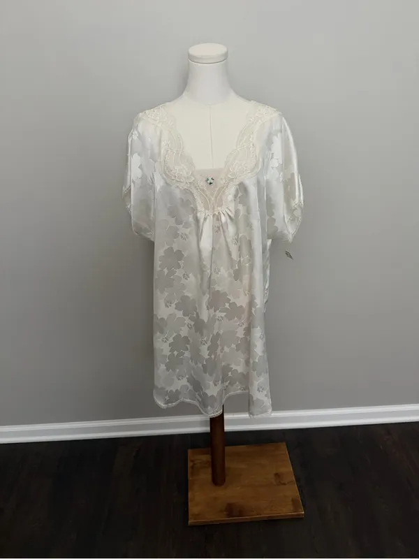 Vintage Lily Of France Nightgown Nighty Dress Satin Floral Lace Ivory Cream - Image 2