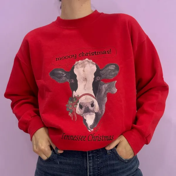 Hanes Vintage 90s Tennessee Christmas Cow 50/50 Sweatshirt - Image 2