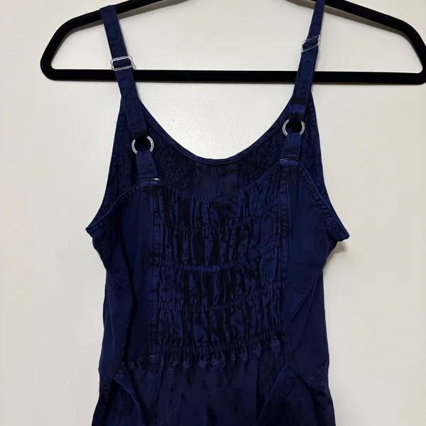 Under One Sky Navy Embroidered Boho Maxi Dress Lace Up‎ Smocked Back Ruffle Hem whimsygoth - Image 7