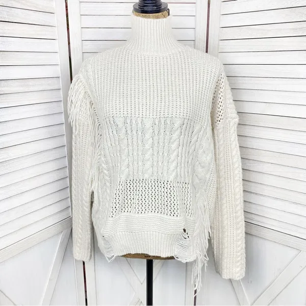 Free Generation Multi Stich Fringe‎ Distressed Turtle Neck Sweater Cream Small - Image 2